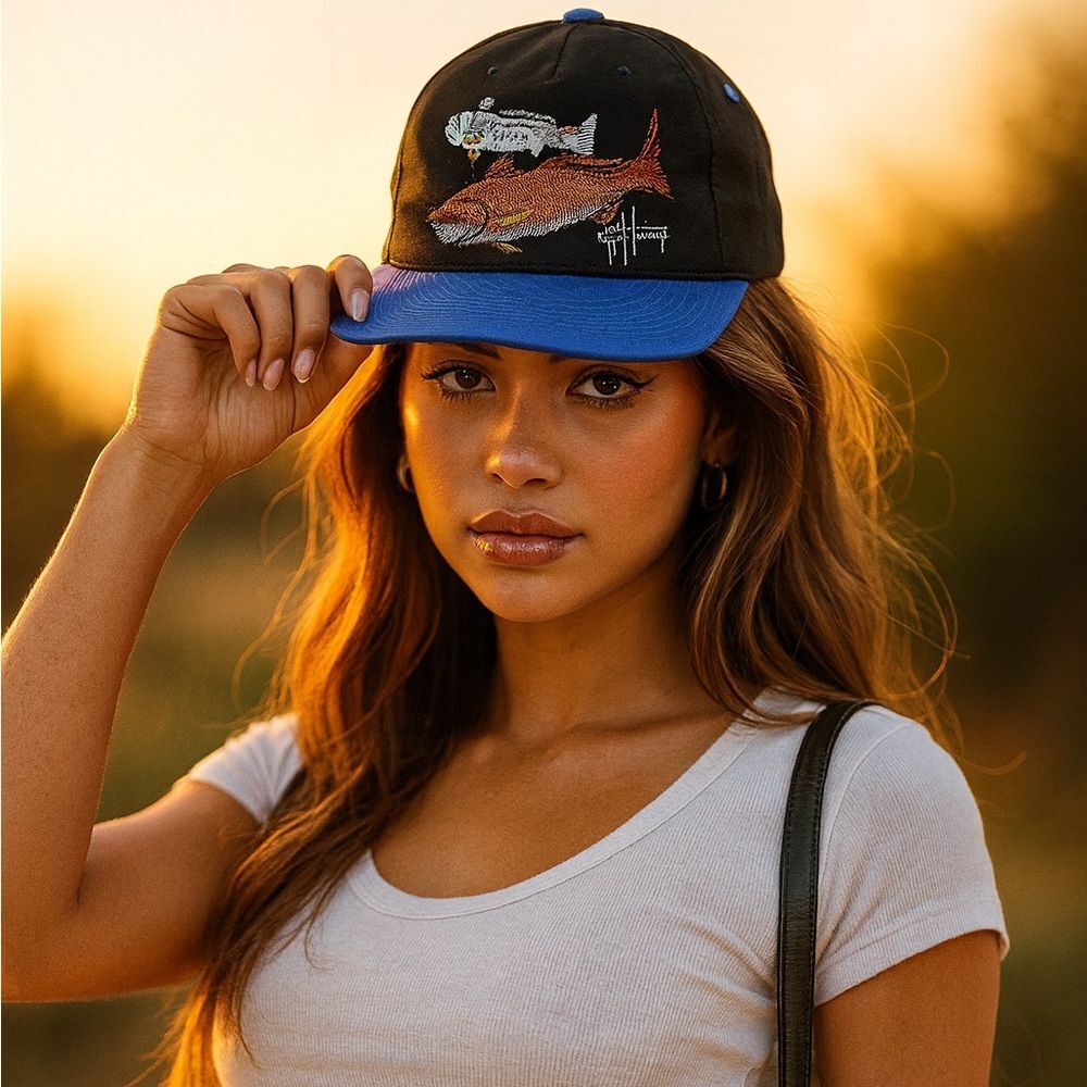 Vintage y2k 2000s 90s Guy Harvey Embroidered Fish Black & Blue Hat